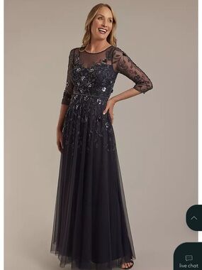 Mother of the bride Oleg Cassini Navy Beaded Illusion-Sleeve Evening Gown sz 16